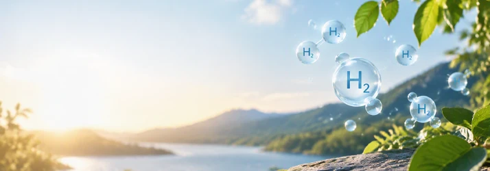 Outdoor landscape with mountains, water, green leaves, sunlight, and floating bubbles labeled H₂.
